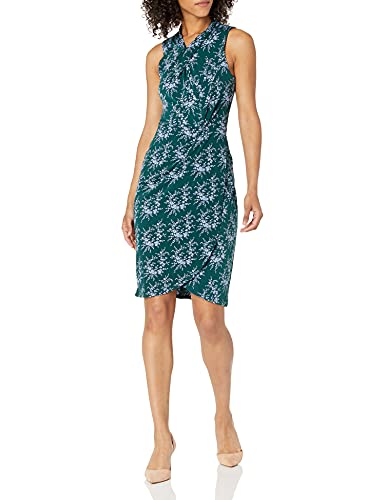 Lark & Ro Women s Sleeveless Crossover Twist Neck Faux Wrap Dress, Emerald Pale Blue Delicate Floral, 4