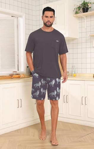 Image of Mens Pajamas Set Lightweight Summer Pjs Sleepwear Soft Comfy Short Sleeve Loungewear With Pocket (S-4X)