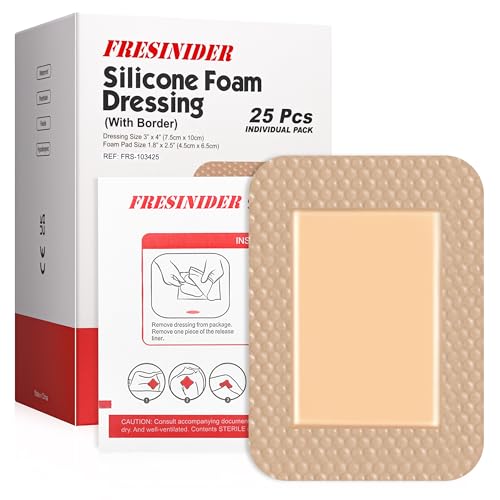 FRESINIDER Silicone Foam Dressing 3 x 4, 25 Pack – Value Pack Silicone Border Dressing for Pressure Sores, Post-Op Wounds & Daily Care – Breathable, Absorbent & Gentle on Skin