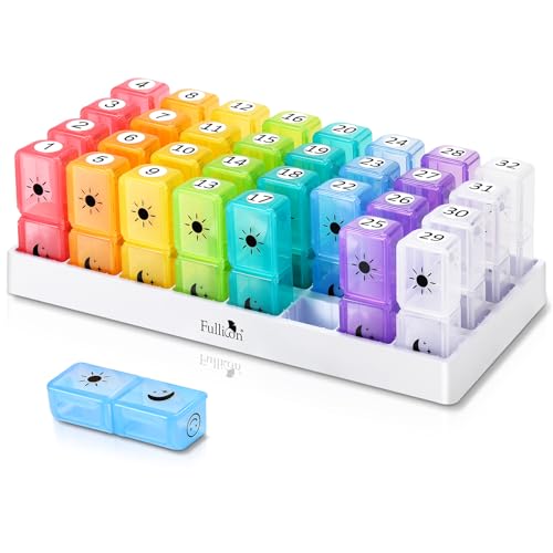 Fullicon Monthly Pill Box Organiser 2 Times a Day, 30 Day AM PM Tablet Organiser with 32 Large Removable Pill Cases for Travel & Medication Storage (Rainbow White)
