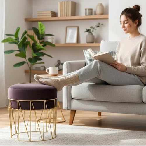 Image of Premium Set of 2 Gold Metal Ottoman Pouffe Stool & Footrest for Living Room & Bedroom | Wine Soft & Classy Mosha Fabric with Linear Frame | 18 inch Height | Luxury Multipurpose Furniture & Home Decor
