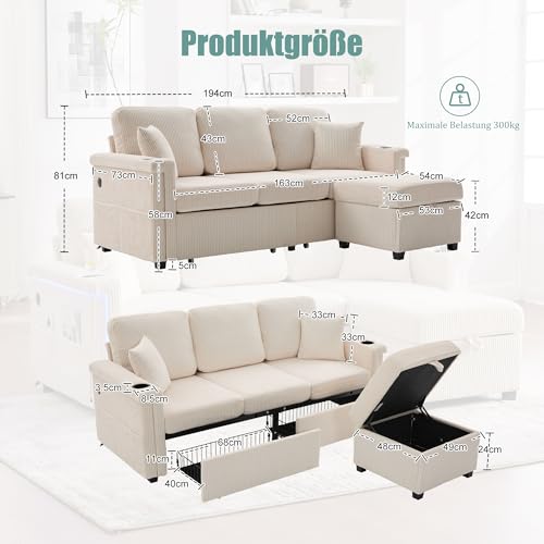 Miniatura 2 de Dachetou Sofá De Terciopelo De Alta Calidad, Incluye Reposapiés, Prácticos Soportes Para Bebidas Y Bolsillos Laterales Calidad Premium Para Salón, Dormitorio U Oficina, Color Beige