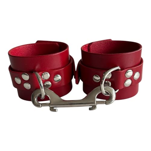 Slap Leather Premium Leather Wrist Cuffs, Lockable Design, Red, Silver Buckle