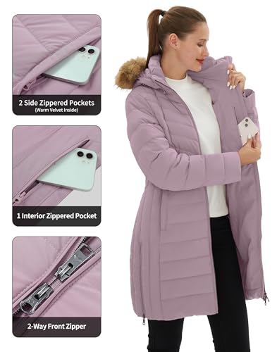 Pioneer Camp Wintermantel Damen Lang Warm Steppmantel Wasserdicht Winterjacke Mantel Damen Winter mit Abnehmbarer Kunstpelzkragen Gräulich Violett L