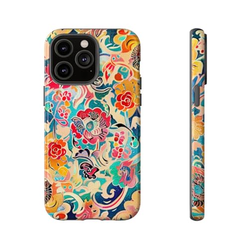 Coque iPhone 14 Pro Max bleue à motif floral coloré et finition brillante résistant aux chocs