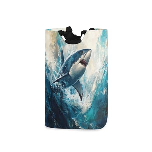 Jihqo Laundry Hamper Basket Fierce Shark Collapsible Nursery Storage Bin Waterproof Clothing Baskets for Home Bedroom Bathroom Washing Room