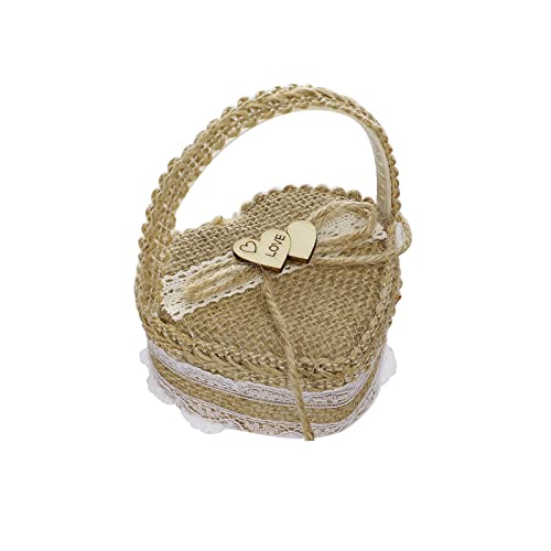 WADC Panier de Fleurs de Mariage avec Poignée Boîte à Bagues en Forme de Coeur Panier D'anneaux de Fille de Fleur pour les Fiançailles, les Mariages et les Filles de Fleurs 1 Pièce (Marron et Blanc) Cover