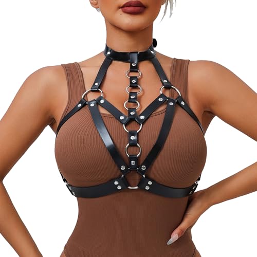 Punk Black Leather Chest Harness Women Fashion Adjustable Strap Body Harnesselt Waist Body Chain Belts,Goth Body Harness Lingerie,Club Party Caged Bra Harness,Women's Body Chains Rave Accessories