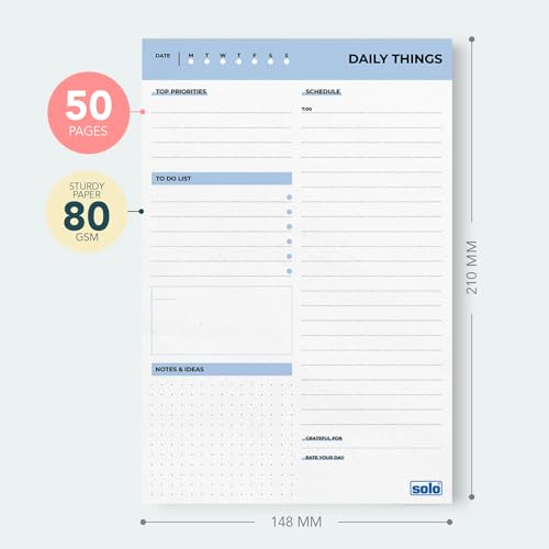 Image of SOLO A5 Tear-Off 80 GSM Daily Planner with 50 Undated Sheets, Organiser to Track Productivity, To-Do List & Schedule Your Day, Goals & Budget Tracker, Ideal for Office, Home & School (Pack of 2)