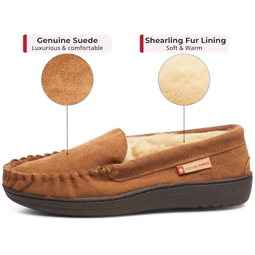 Image of Alpine Swiss Men's Moccasin Slippers Genuine Suede Slip-On House Shoes Memory Foam Insoles Plush Faux Shearling Lining Comfortable Indoor Outdoor Slipper with Anti-Slip Rubber Sole