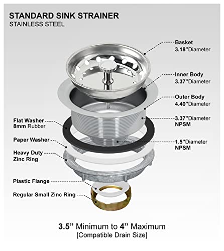 Highcraft 9733-2 Kitchen Sink (3-1/2 Inch) Stainless Steel Drain Assembly With Strainer Basket-and Rubber Stopper, Pack of 2 - Thumbnail 5