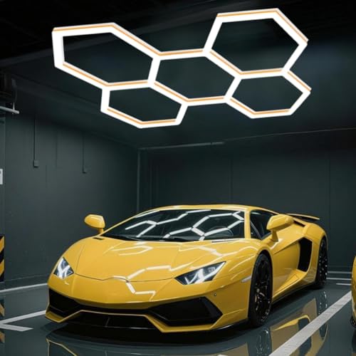 MOFGOE Lot de 24 Tubes Lumineux LED hexagonaux pour Garage, 168 W, 6 500 K, Ultra-Lumineux, 5 grilles, éclairage de Garage, entrepôt et Atelier de Detailing Automobile.,Jaune
