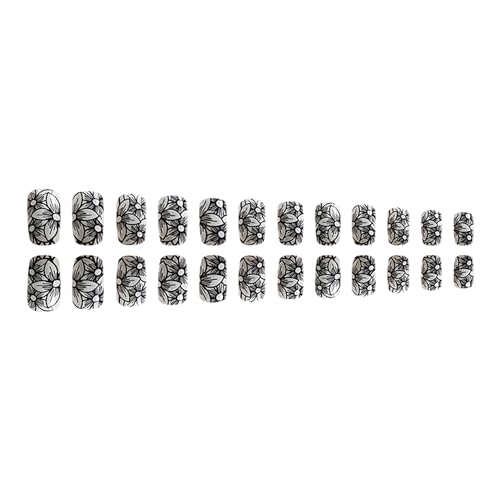 White Press on Nails Medium Square RIICFDD Black Flower Fake Nails Glossy Full Cover Stick on Nails with Floral Designs Acrylic False Nails for Women and Girls 24 Pcs Spring Nails - Thumbnail 3