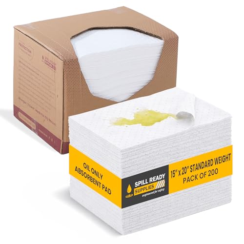 Image of Spill Ready Oil Only Absorbent Pads 15 inch x 20 inch (200 Pack) - Standard Weight Absorbs Up to 24 oz per pad - 2mm Oil Spill Mat, Hydrophobic Sorbent Mat Pads for Oil & Fuel Spills, Oil Pads - White