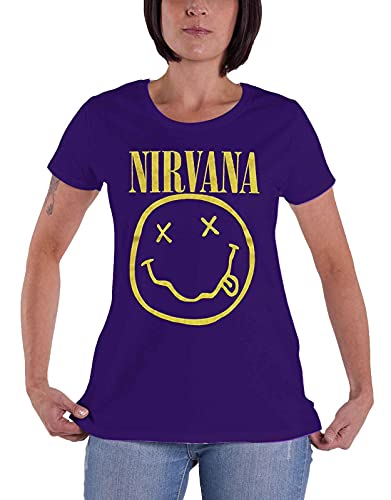 Image of Nirvana T Shirt Yellow Smiley Band Logo Official Womens Skinny Fit Purple S