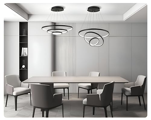 Image of Smartway - Three Ring 106 Watt Modern LED Ceiling Chandelier | Google & Alexa Voice Assist | App Control | 3 Color Modes | Black Luxury Chandelier for Living Room, Bedroom, Dining & Hall