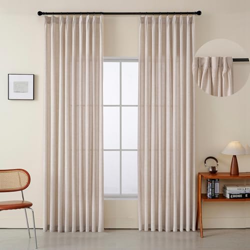 Ftinala Pinch Pleated Linen Curtains 96 Inches Long 2 Panels Set, Oatmeal Beige Semi Sheer Curtain, Natural Textured Light Filtering Drapes, Farmhouse Boho Decor with Hooks & Back Tab & Rings