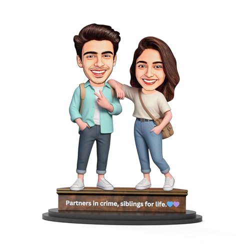 MakerTech Gifting Wood Avatar Studio Personalized Fantasy Gift For Brother, Sister, Friends Character Caricature Photo Frame Unique Design Customized Gift (Bro Sis - 2, 7 Inches),Multicolor