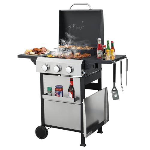 Zolyndo 3 Burner Outdoor Flat Top Griddle Grill Combo, 2 in 1 Propane Gas BBQ Grill w/Enameled Cast Iron Grids and Stainless Steel Plancha, Portable Gas Grills Propane for Patio, Backyard, 36900 BTU