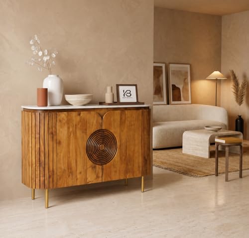 Image of Solid Wood Mandala Sideboard Cabinet with Sintered Stone Top for Living Room | Dark Teak Finish Lacquered | 119.8 cm (W) x 39.8 cm (D) x 85 cm (H)