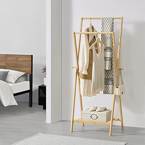 Garderobenständer Keitele 150 x 60 x 42 cm Kleiderständer mit Ablage und seitlichen Haken offene Garderobe Bambus Natur Cover
