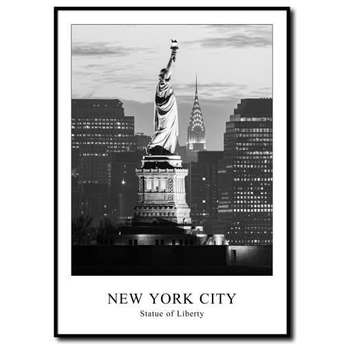 daazoo Tableau Décoratif Statue of Liberty et Chrysler Building 50 x 70 cm avec Cadre Noir - Image New York Skyline Noir et Blanc - Décoration Murale Moderne...