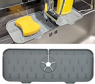 Silicone Faucet Handle Drip Catcher Tray,Kitchen Faucet Mat,Washable Kitchen Sink Splash Guard,Kitchen Guard Faucet Silicone Mat with Drainage,Kitchen Countertop Drying Rack (Grey)