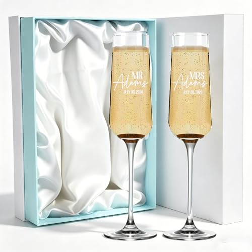 Personalized Wedding Champagne Flutes, Set of 2, Mr & Mrs Toasting Glasses for Bride and Groom, Engraved Name & Date, Customized Gifts for Couples, Newlyweds, Engagement, Wedding Favors,Bridal Shower