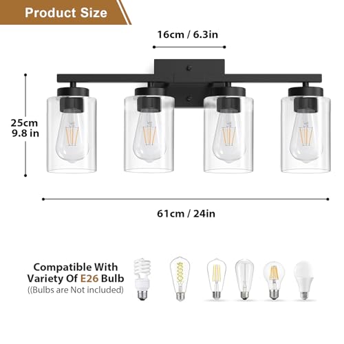 Image of IZORRO Bathroom Light Fixtures, Modern Vanity Lights, Bathroom Lighting Fixtures Over Mirror with Clear Glass Shade, Wall Sconce for Living Room Cabinet Bedroom (Matte Black, 4-Light)