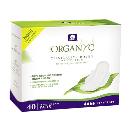 Organyc - Almohadillas femeninas 100% algodón orgánico certificado, por dentro y por fuera, 40 unidades, flujo pesado, embalaje de tamaño más grande