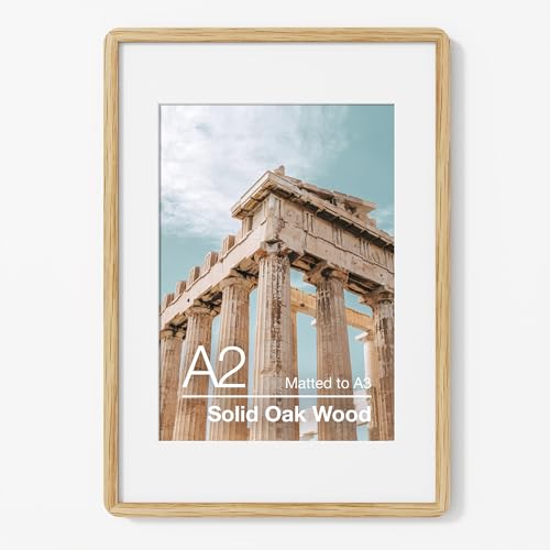 FLYJOE A2 Poster Frame | Solid Oak Wood Poster Frame | Picture Frame With Mat For A3 | Tempered Glass And Hanging Hardware Included | A2 Photo Frame (Natural Oak, 1 Pack)