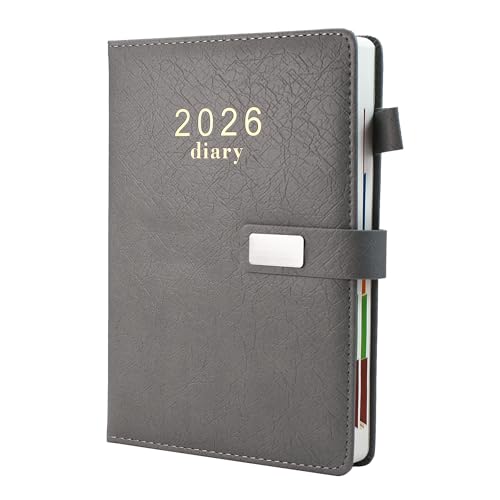 Earning Power Diary 2026, Faux Leather Diary 2026 A5 Page A Day,Productivity Daily Planner from Jan 2026 to Dec 2026 With Monthly Tabs, 3 Bookmark and Colorful Side Panels(Grey)