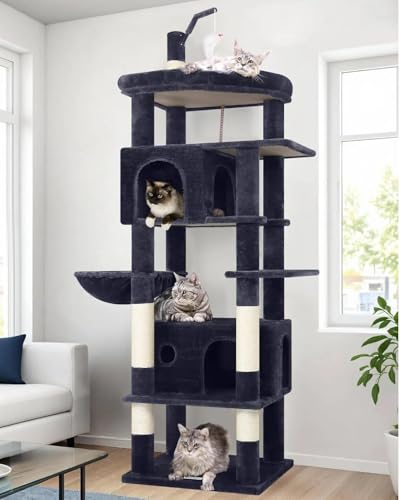 Image of Globlazer F74B Cat Tree for Indoor Cats Large Adult, Multi-Cat, Dark Grey | Easy Setup, 74in Tall Tower, Oversized Top Perch, 2 Large Condos, Hanging Basket, 5 Sisal Scratching Posts, Anti-Topple Strap
