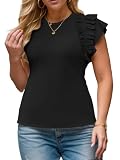 Tankaneo Womens Plus Size Ruffle Tanks Tops Flutter Short Sleeve Summer Slim Fit Sleeveless Shirts Black, X-Large