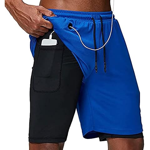 Yajun 2 in 1 Running Shorts Men Outdoor Workout Training Exercise Gym Short Pants Double-Deck Quick Drying Summer Shorts,Blue,3XL(90~100kg/175~190CM) Cover