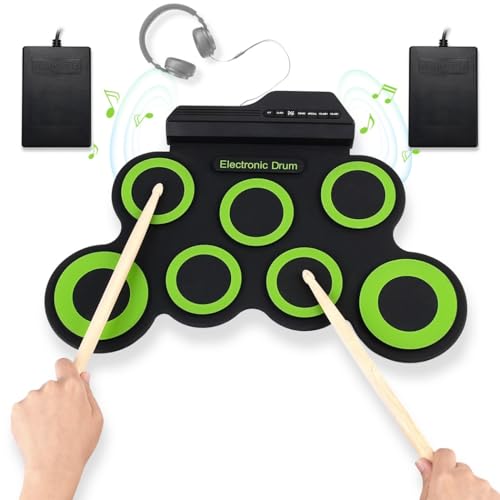 7 Pads Roll Up Drum Set with 3.5 Mm Headphone Jack & 2 Foot Pedals Electronic Drum Pad Kit, USB/Battery Powered Drum Practice Pad, Present for Kids, Adults, Beginners, Simple to Operate