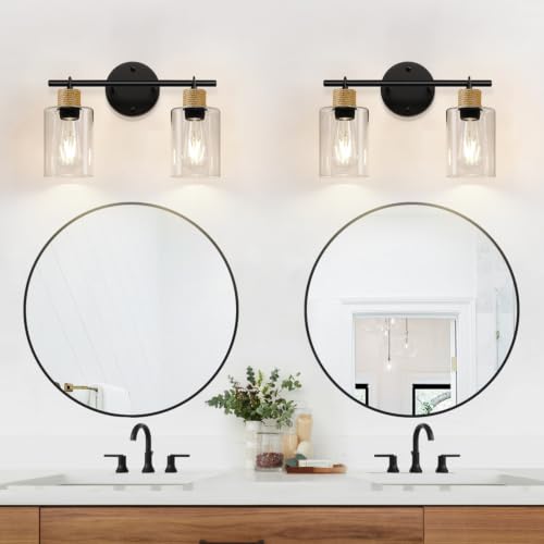 Image of MOKATNG Bathroom Light Fixtures, 2-Light Farmhouse Vanity Lights with Hemp Rope, Black Bathroom Wall Lamp for Mirror Kitchen Hallway Cabinet