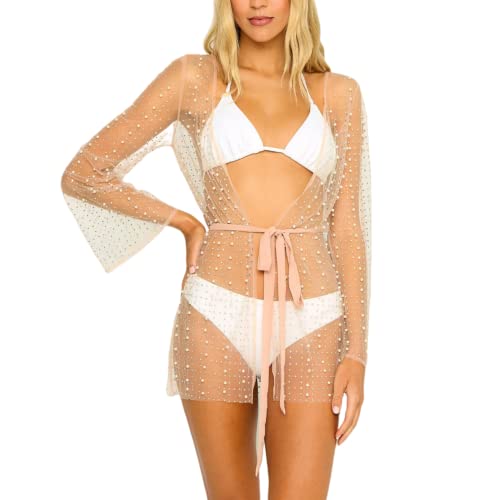Women's Sexy Pearl Rhinestone Sheer Mesh Beach Cover Up Long Sleeve Kimono Cardigan Tie Front Blouse