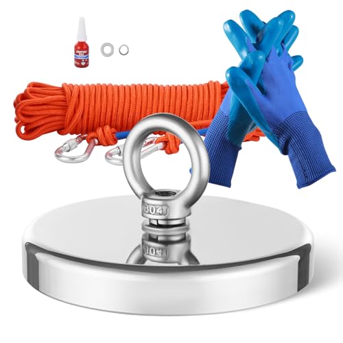 Happybuy Magnet Fishing Kit with 1300 LBS/590 Kg Single-Sided Pulling Force. Strong Magnetic Fishing Kit of Rare Earth Neodymium. Includes Grappling Hook, Heavy Duty Rope, Gloves and Eyebolt