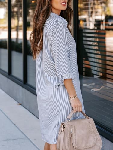 Womens Button Down Shirt Dresses with Pockets Striped Cotton Shirts Collared Long Sleeve High Low Blouse Tops3