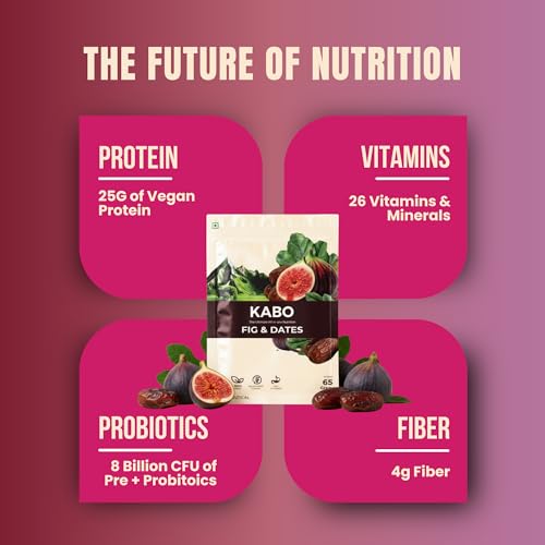 Image of KABO 25g Plant Protein Powder | 60+ Superfoods & 26 Vitamins & Minerals, Probiotics for Men & Women | India's First 3-in-1 Healthy Drink | Fig & Dates Flavour | 1 Pack (65g)