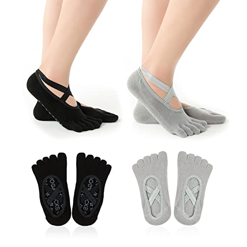 TSHAOUN 2 pares calcetines yoga, calcetines cinco dedos, calcetines antideslizantes para mujeres con suela goma para yoga, pilates, fitness. talla : UK 4-6 | EUR 36-39. (2 colores)