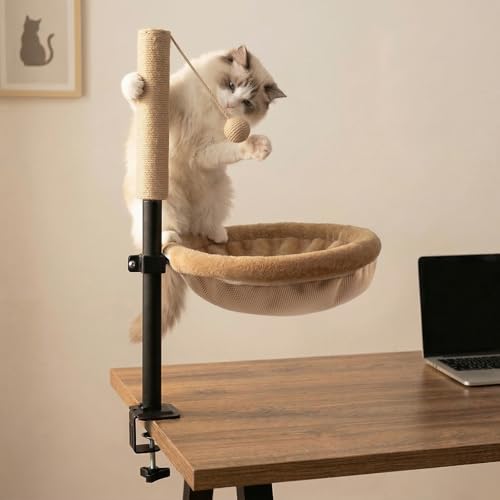 puppalace Cat Desk Bed with Scratching Post - Adjustable Height & 360° Rotation, Reversible Machine Washable Cover, Space-Saving Clamp-On Design for Office Desks, Sturdy Support for Indoor Cats