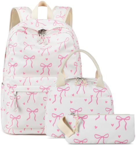 LOIDOU Mochila Escolar Feminina 3 Em 1, Mochila Impermeável com Lancheira E Estojo, Mochila Leve para Crianças do Ensino Fundamental E Médio, Lindo Laço Rosa - Presente Ideal para Adolescentes