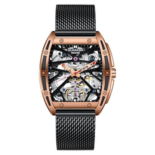 Guanqin Montre vintage pour homme à cadran squelette automatique à remontage mécanique avec bracelet en cuir, verre saphir, étanche, lumineuse, double...