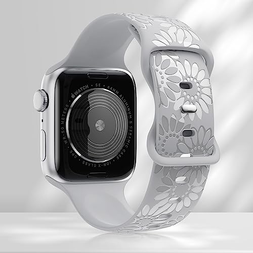 Image of Sunflower Engraved Band Compatible with Apple Watch Bands 38mm 40mm 41mm 42mm 44mm 45mm 49mm Women, Designer Soft Glossy Floral Silicone Strap for iWatch Series Ultra 11 10 9 8 7 6 SE 5 4 3 2 1
