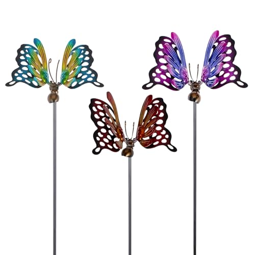 Venniy 3 Pack Butterfly Decorative Garden Stakes Metal Openwork Colorful Butterflies Yard Art Garden Stakes for Outdoor Lawn Pathway Patio Plant Pot Flower Bed Ornaments