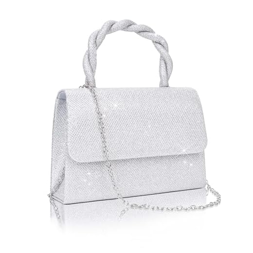 Larcenciel Pochette Donna, Borsa Argento con Manico in Corda Ritorta, Lucide Paillettes Borsa da Sera con Catena Rimovibile, Elegante Borsa Tracolla Donna per Feste, Matrimoni, Cerimonia, 20×6×14cm