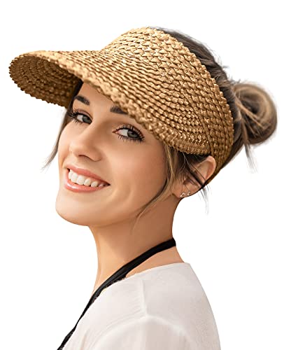 Visors For Women, Straw Sun Visors For Women Beach Hats For Women Packable Sun Hat Womens Visor Handmade Straw Hats For Women Khaki #TOP24