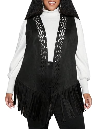 WDIRARA Women's Plus Fringe Sleeveless Vest Fringe Tassel Faux Suede Open Front 70S Hippie Jacket Cardigan